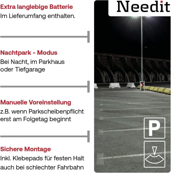 Needit automatische Parkscheibe, elektrisch, mit Zulassung vom Kraftfahrt-Bundesamt I Digitale Parkuhr mit 2 Displays & vielen Funktionen – Bild 2
