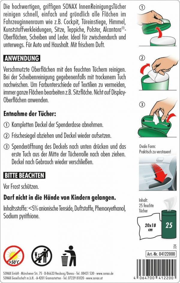 SONAX Innenreinigungs-Tücherbox – Feuchttücher für Auto-Innenraum, Streifenfreie Sauberkeit, Pflegt & Schützt Oberflächen, 25 Stück – Bild 4