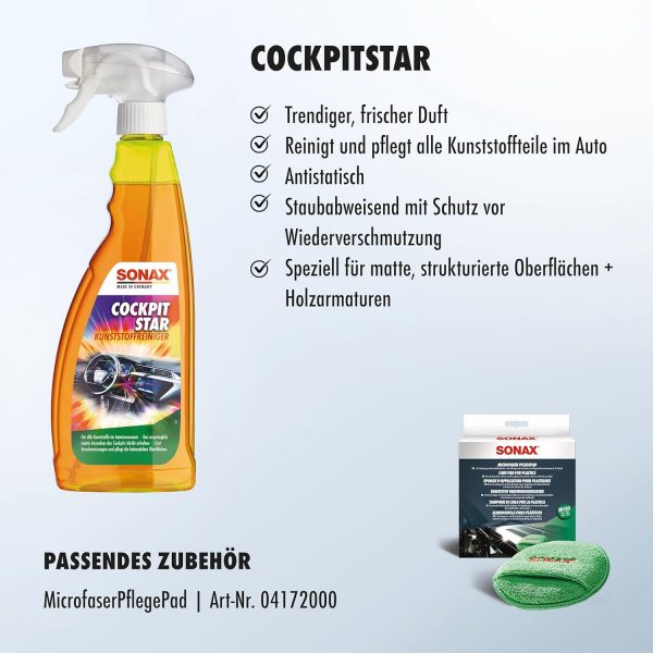 SONAX CockpitStar (750 ml) Cockpitreiniger reinigt und pflegt alle Kunststoffteile im Auto, antistatisch und staubabweisend – Bild 3