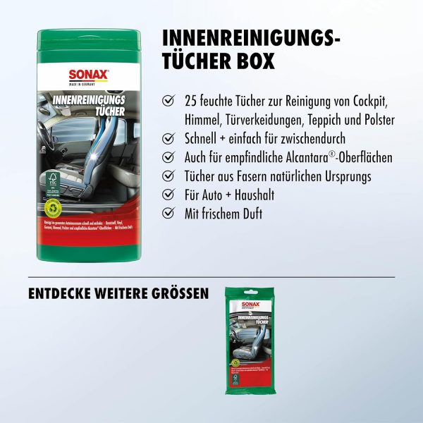 SONAX Innenreinigungs-Tücherbox – Feuchttücher für Auto-Innenraum, Streifenfreie Sauberkeit, Pflegt & Schützt Oberflächen, 25 Stück – Bild 3