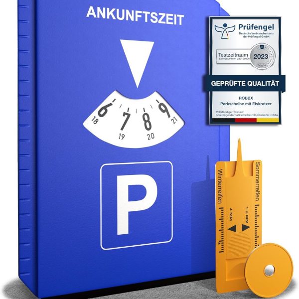 ROBBX® Parkscheibe mit Eiskratzer für Auto und Motorrad | Parkuhr inkl. Reifenprofilmesser und Einkaufswagenchip