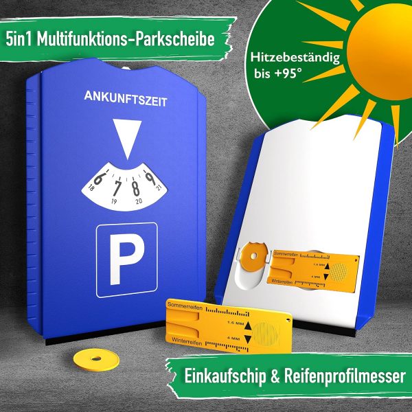 ROBBX® Parkscheibe mit Eiskratzer für Auto und Motorrad | Parkuhr inkl. Reifenprofilmesser und Einkaufswagenchip – Bild 4
