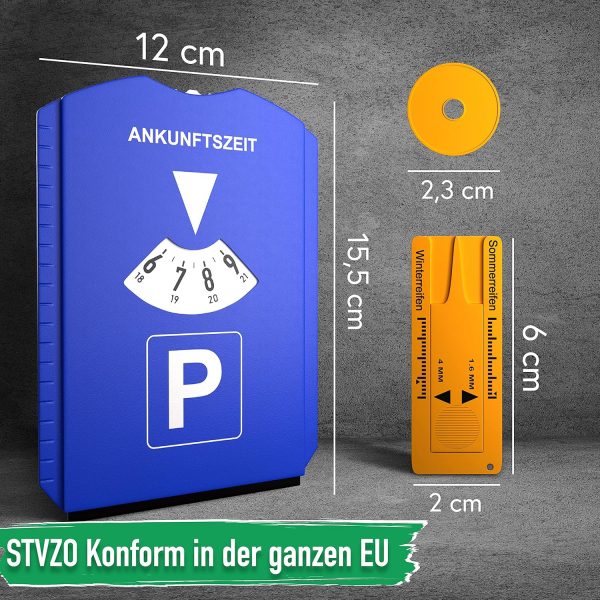 ROBBX® Parkscheibe mit Eiskratzer für Auto und Motorrad | Parkuhr inkl. Reifenprofilmesser und Einkaufswagenchip – Bild 2