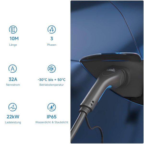 EVDANCE Typ 2 Ladekabel für EV, 22kW 32A 10m 3-Phasen – Bild 3