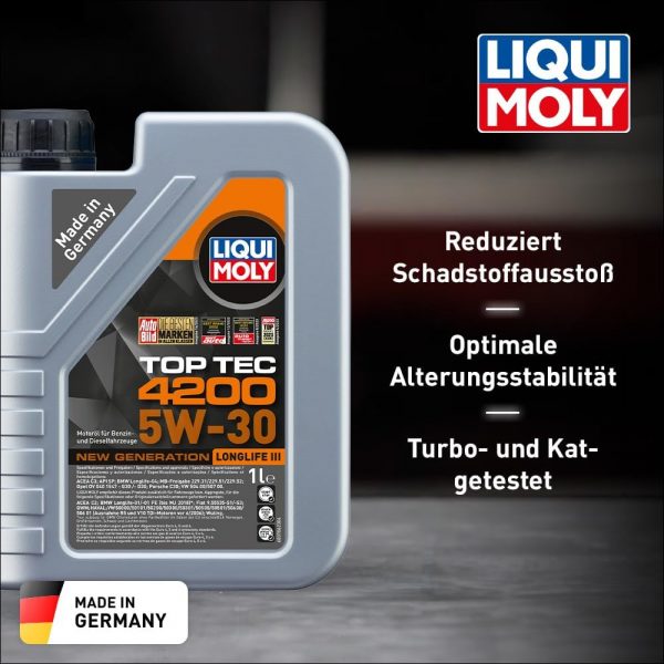 LIQUI MOLY Top Tec 4200 5W-30 New Generation | 1 L | Synthesetechnologie Motoröl | Art.-Nr.: 3706, farblos – Bild 2