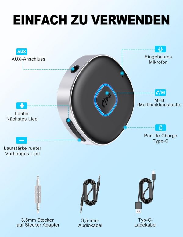 Mohard AUX Bluetooth Adapter, Drahtloser KFZ Bluetooth 5.3 Empfänger – Bild 5