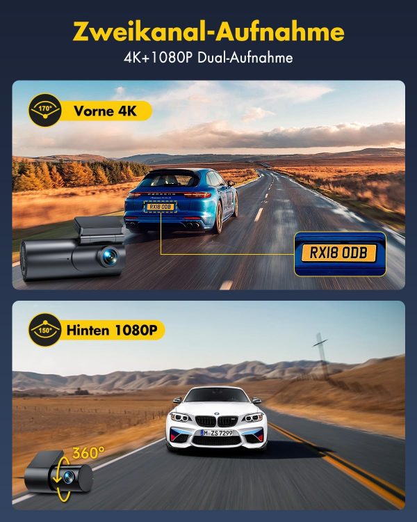GKU Dashcam Auto Vorne Hinten 4K+1080P, 5GHz WiFi Dash Cam mit 64GB SD Karte – Bild 3