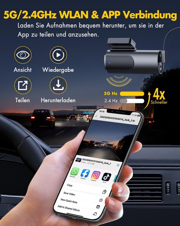 GKU Dashcam Auto Vorne Hinten 4K+1080P, 5GHz WiFi Dash Cam mit 64GB SD Karte – Bild 4