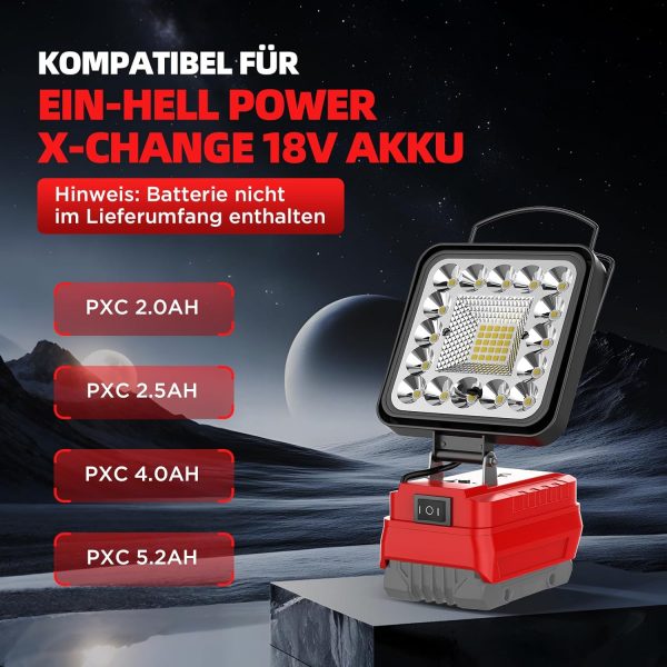 Akku Lampe für Einhell 18V, 48W 4800LM Led Arbeitsleuchte mit 2 USB – Bild 2