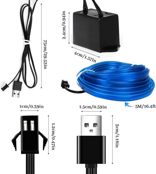 Talifoca 5M/16.4FT Auto Led Innenbeleuchtung,USB Wire Blau – Bild 2