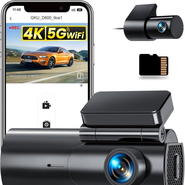GKU Dashcam Auto Vorne Hinten 4K+1080P, 5GHz WiFi Dash Cam mit 64GB SD Karte