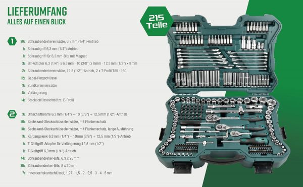 Brüder Mannesmann Steckschlüsselsatz, 1/4" Zoll, 3/8" Zoll und 1/2" Zoll, 215-teilig – Bild 4