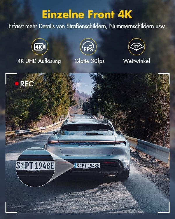 GKU Dashcam Auto Vorne Hinten 4K+1080P, 5GHz WiFi Dash Cam mit 64GB SD Karte – Bild 2